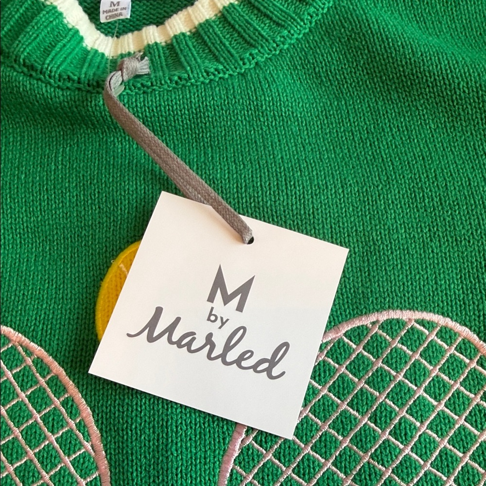 Marled Green Crewneck Sweater with Tennis Racket Appliqué - Picture 3 of 7